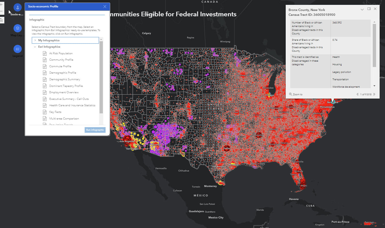 The image displays a pop-up window on the right showing information on Bronx County in New York and a drop-down menu of Esri Infographics to choose from the left panel.