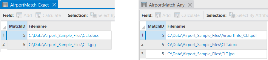 Airport Match table with Exact matches vs Airport Match table with Any matches.