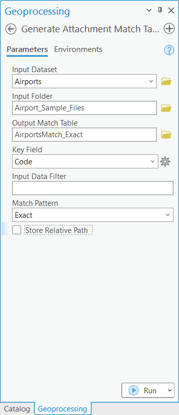 Generate Attachment Match Table geoprocessing tool with filled in parameters.