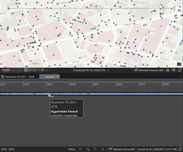 Timeline and map of Rochester PD 2011-2018 with a point feature selected