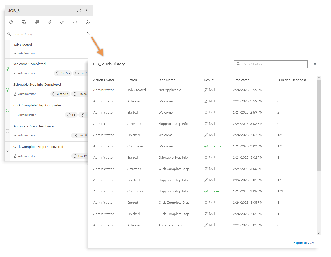 A view of the history tab and the job history modal window