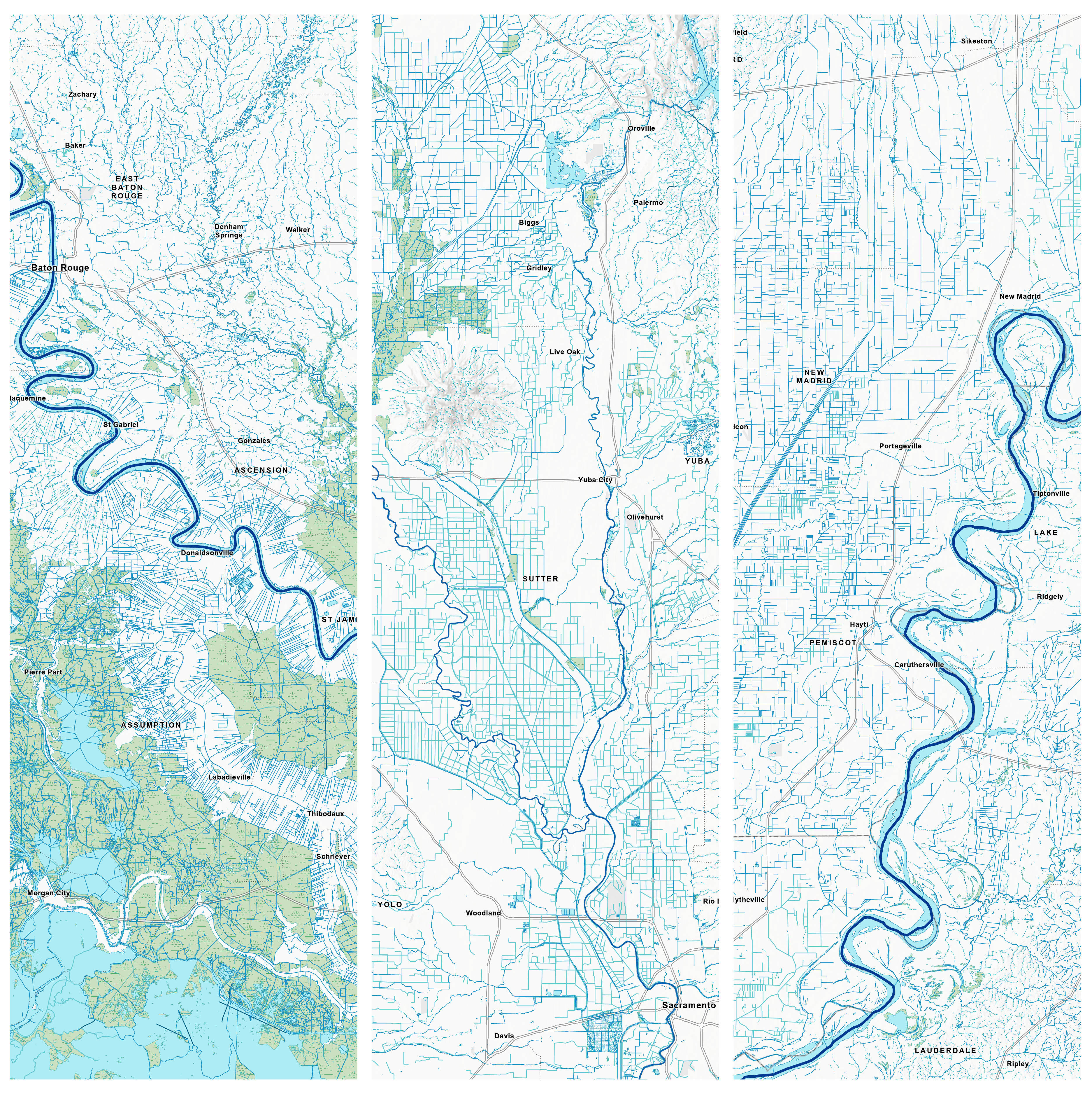 Across the landscape, waterbodies reflect patterns of human development. On the left, the many straight lines reveal extensive engineering to drain lands in southern Louisiana while similar straight lines in the center map show the extensive irrigation systems that support the rich agricultural lands in California's central valley. On the right, we see similar water systems that support agriculture along the Mississippi River in southeastern Missouri.