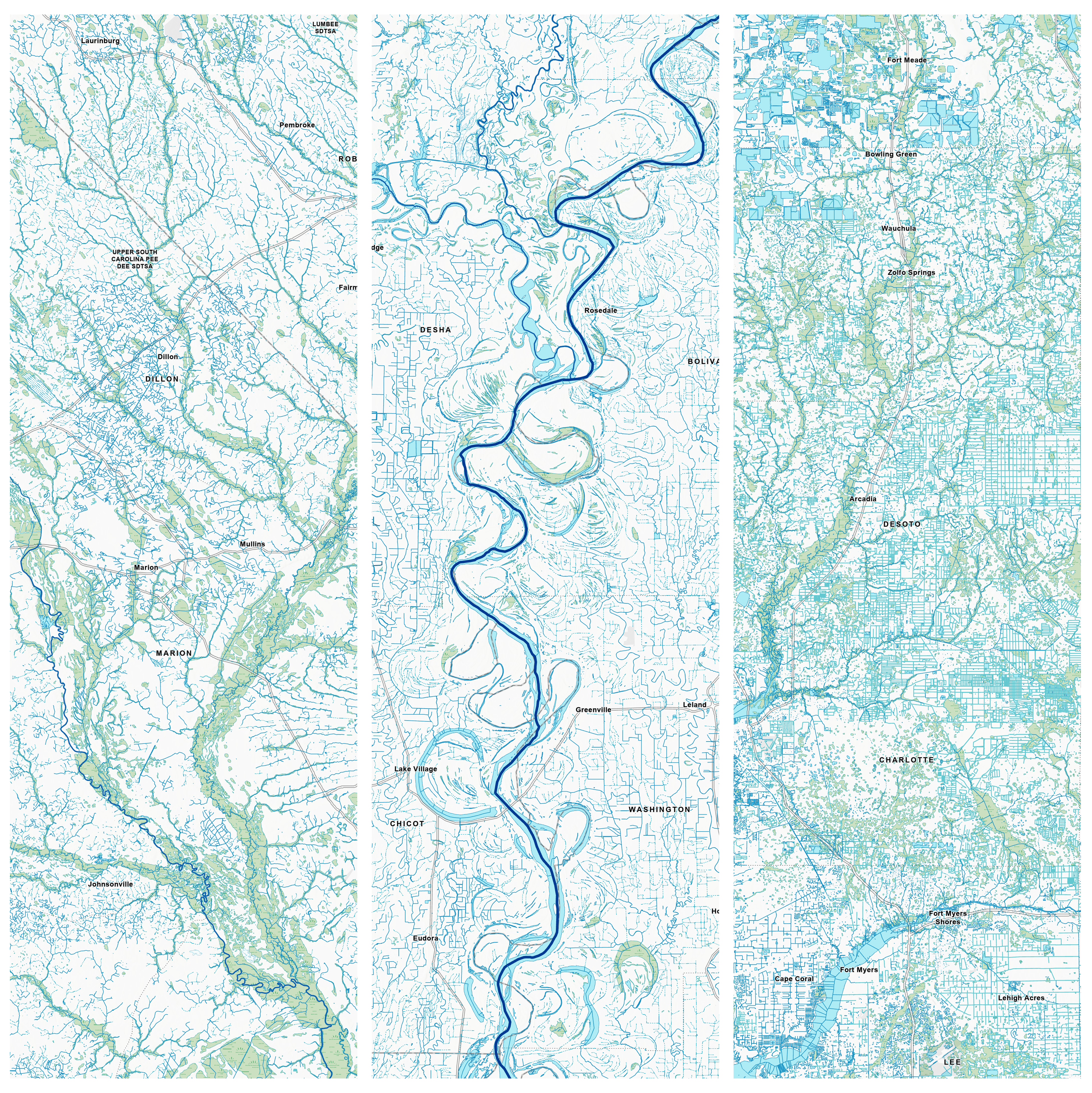 Water shapes the landscapes around us and creates the land forms that we see. On the left we can see the meandering low-gradient rivers and marshes of the coastal plain in South Carolina. In the center image, the oxbow lakes are signs of the Mississippi River's movements over time that create rich farmland along the Arkansas-Tennessee border. On the right, numerous canals reveal the major efforts humans have made to control the distribution and movement of water along the gulf coast of Florida.
