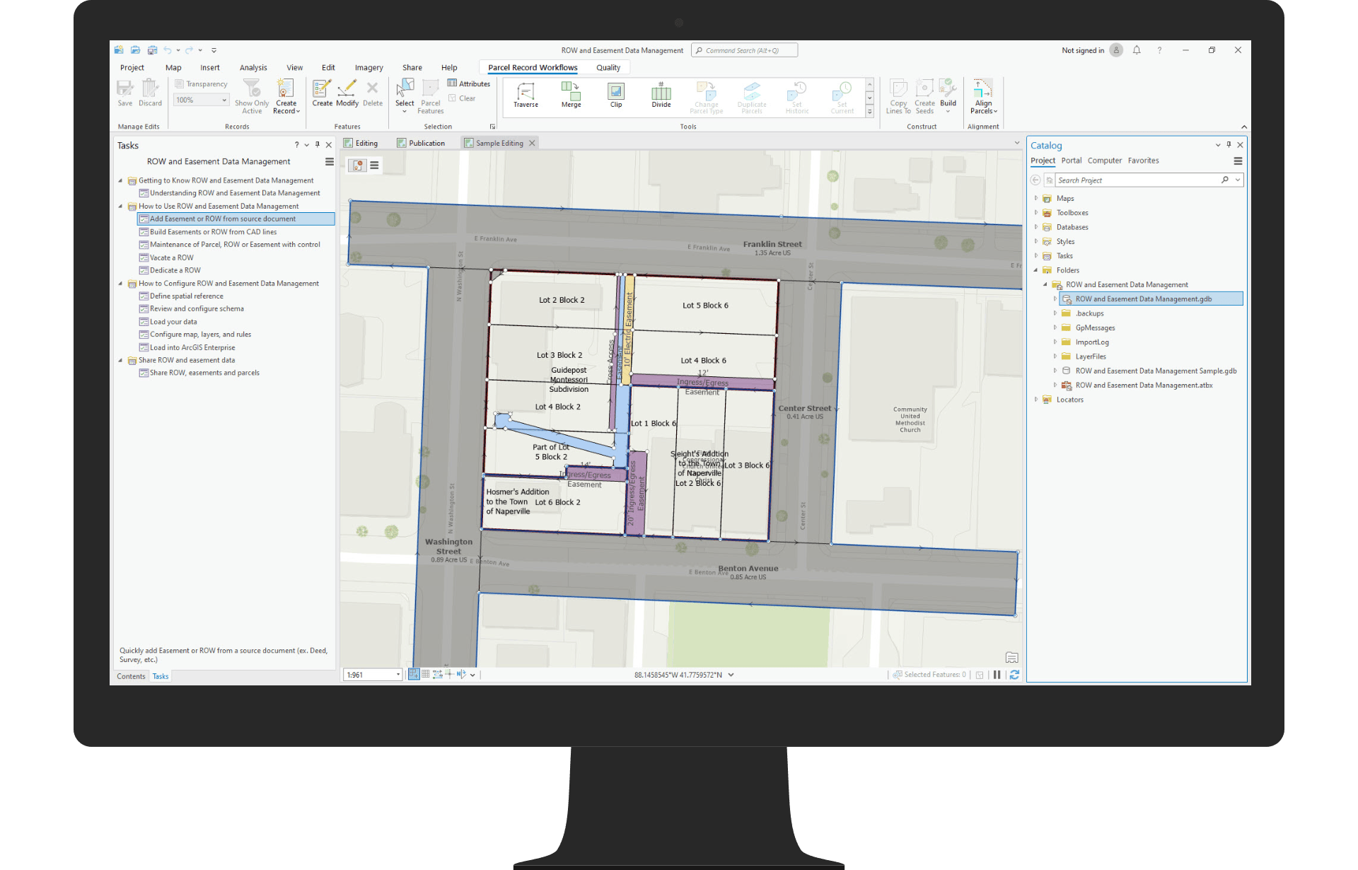 An image of the Right-of-way and Easement Data Management Pro project with tasks and sample data showing