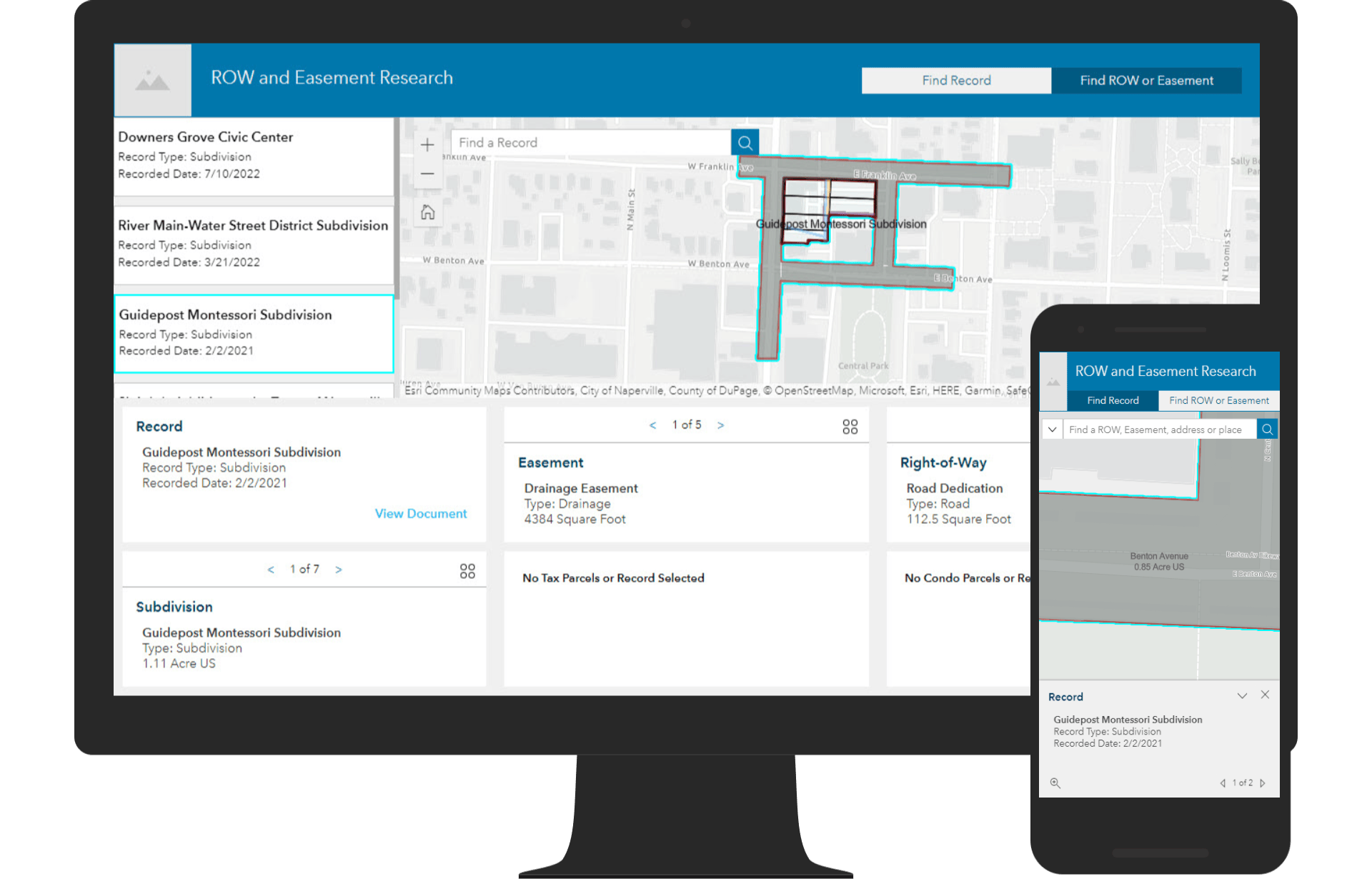 A large PC screen and small mobile screen showing the Right-of-way and easement research app. A large PC screen and small mobile screen showing the Right-of-way and easement research app.