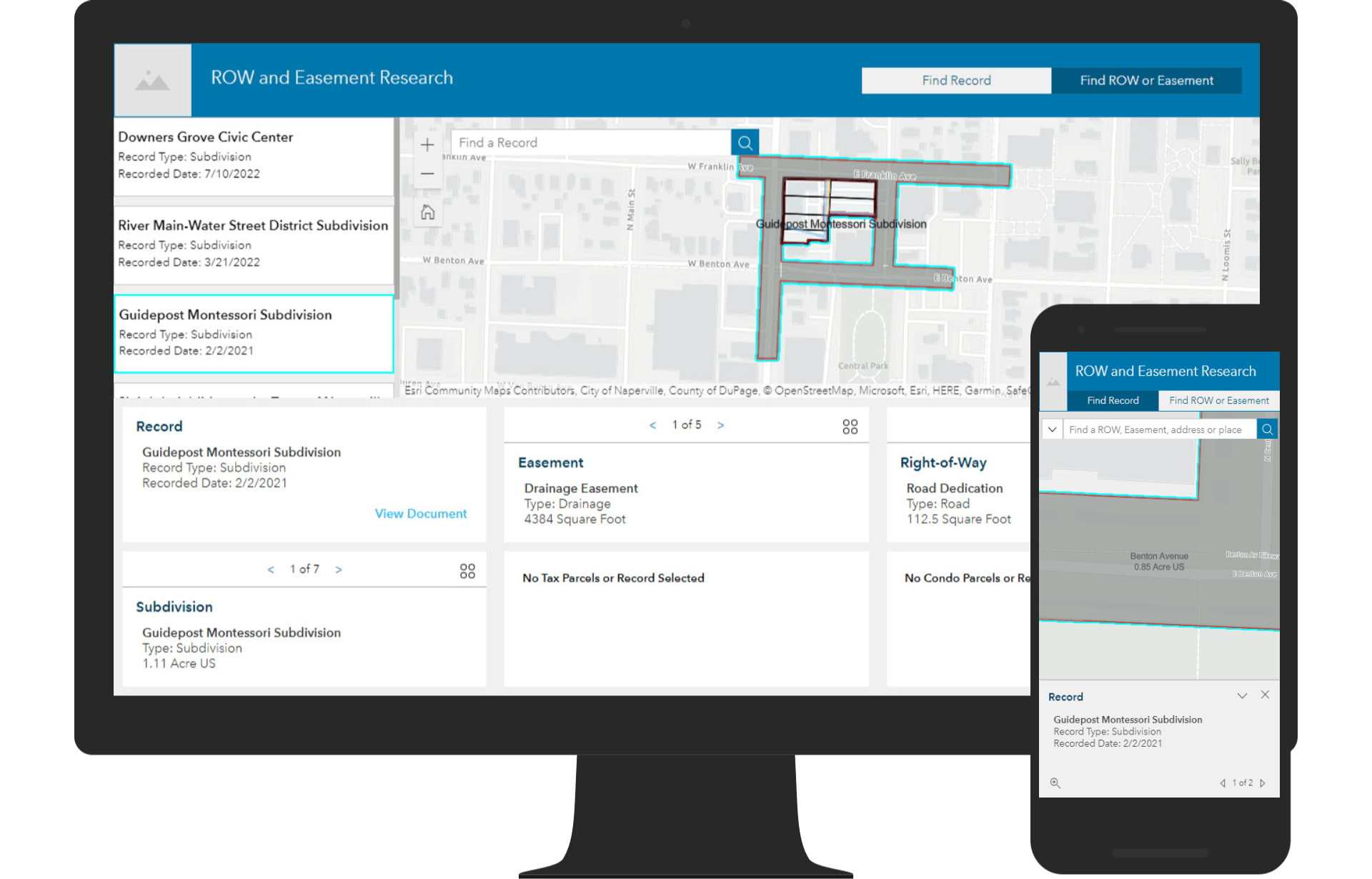 A large PC screen and small mobile screen showing the Right-of-way and easement research app.