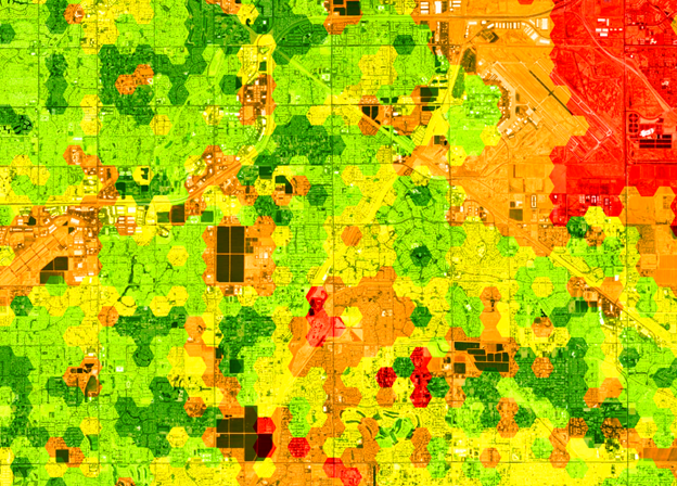 Hexgrid symbolized by walking time to a park and greenness. Lack of green space is considered one of the challenges of rapid urbanization. Red shows areas with the lowest score for these criteria and green shows the highest.