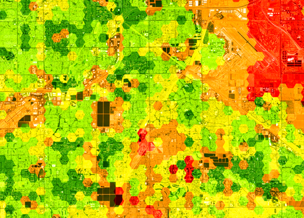 Hexgrid symbolized by walking time to a park and greenness. Lack of green space is considered one of the challenges of rapid urbanization. Red shows areas with the lowest score for these criteria and green shows the highest. Hexgrid symbolized by walking time to a park and greenness. Lack of green space is considered one of the challenges of rapid urbanization. Red shows areas with the lowest score for these criteria and green shows the highest.