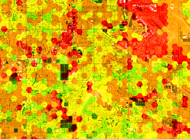 Hexgrid symbolized by good candidates for future development projects in red.