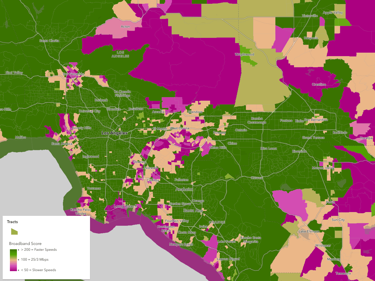 This feature layer item contains various related tables containing detailed information about broadband providers at various levels of geographies. Each layer summarizes the related records so you can visualize the data in a performant way. Specific related records may be viewed in the popup.