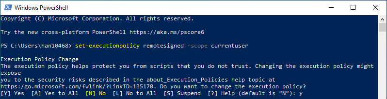 Running set-executionpolicy remotesigned -scope currentuser in PowerShell.