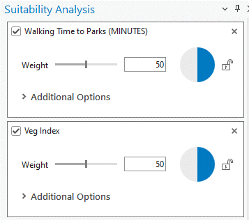 Image showing suitability criteria for greenness and distance to a park weighed equally Image showing suitability criteria for greenness and distance to a park weighed equally