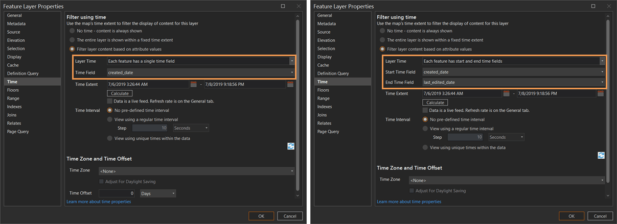 Time layer properties for single field and start-end range fields