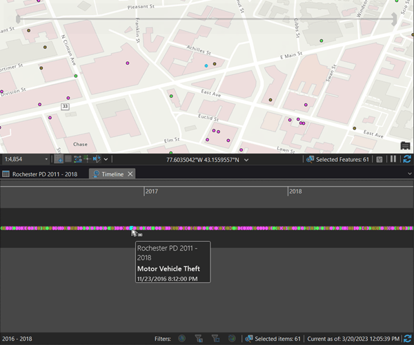 Timeline and map of Rochester PD 2011-2018 with a definition query and point feature selected