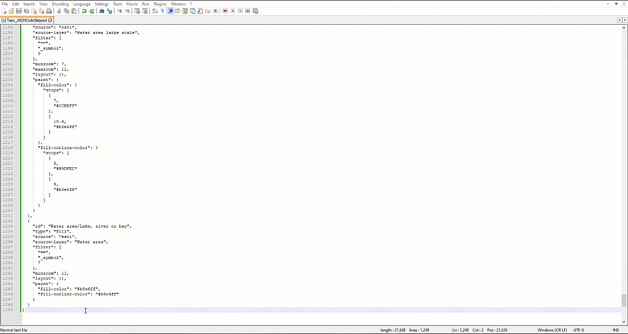 Animated gif showing how to copy the code from the Notepad++ document into the Vector Tile Style Editor JSON Editor.