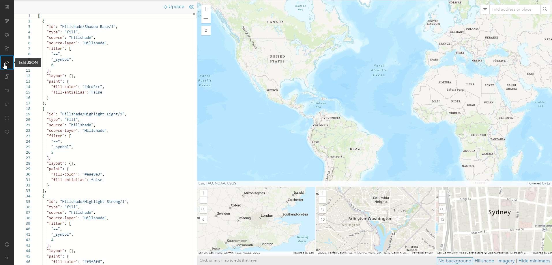 Vector Tile Style Editor interface showing where to click for the JSON Editor. Vector Tile Style Editor interface showing where to click for the JSON Editor.