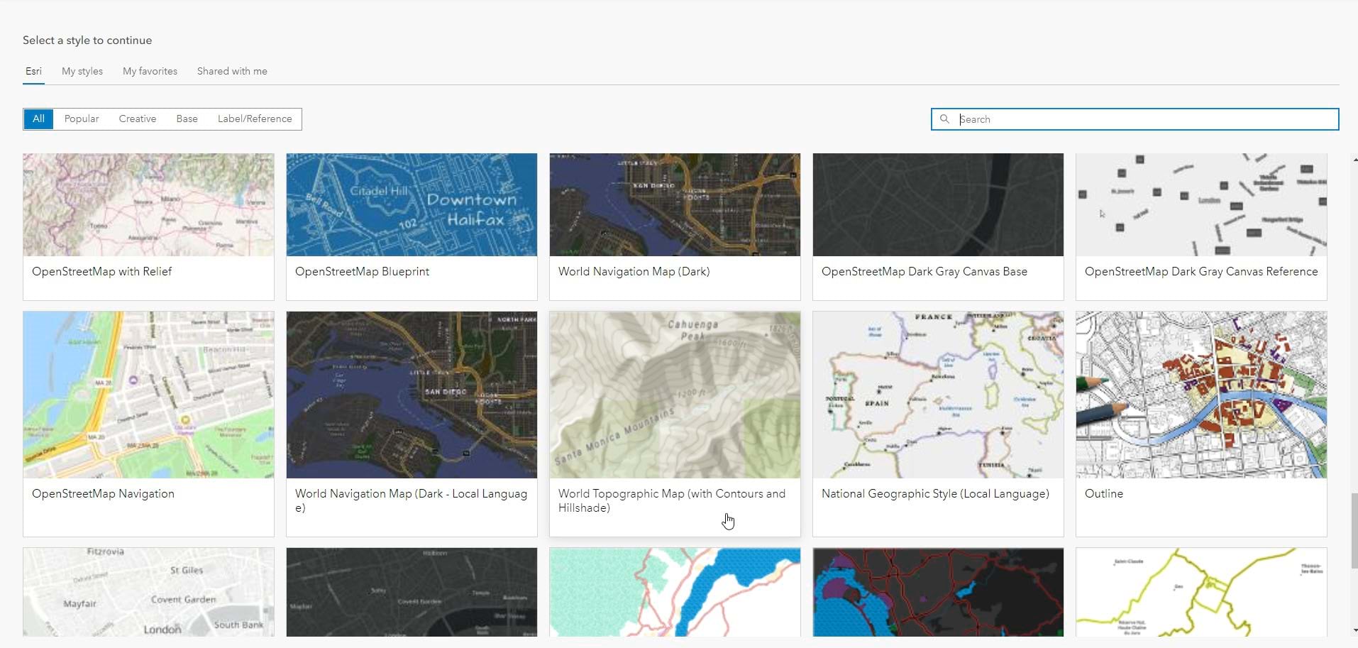 Image showing where to select the World Topographic Map with Contours in the Vector Tile Style Editor. Image showing where to select the World Topographic Map with Contours in the Vector Tile Style Editor.