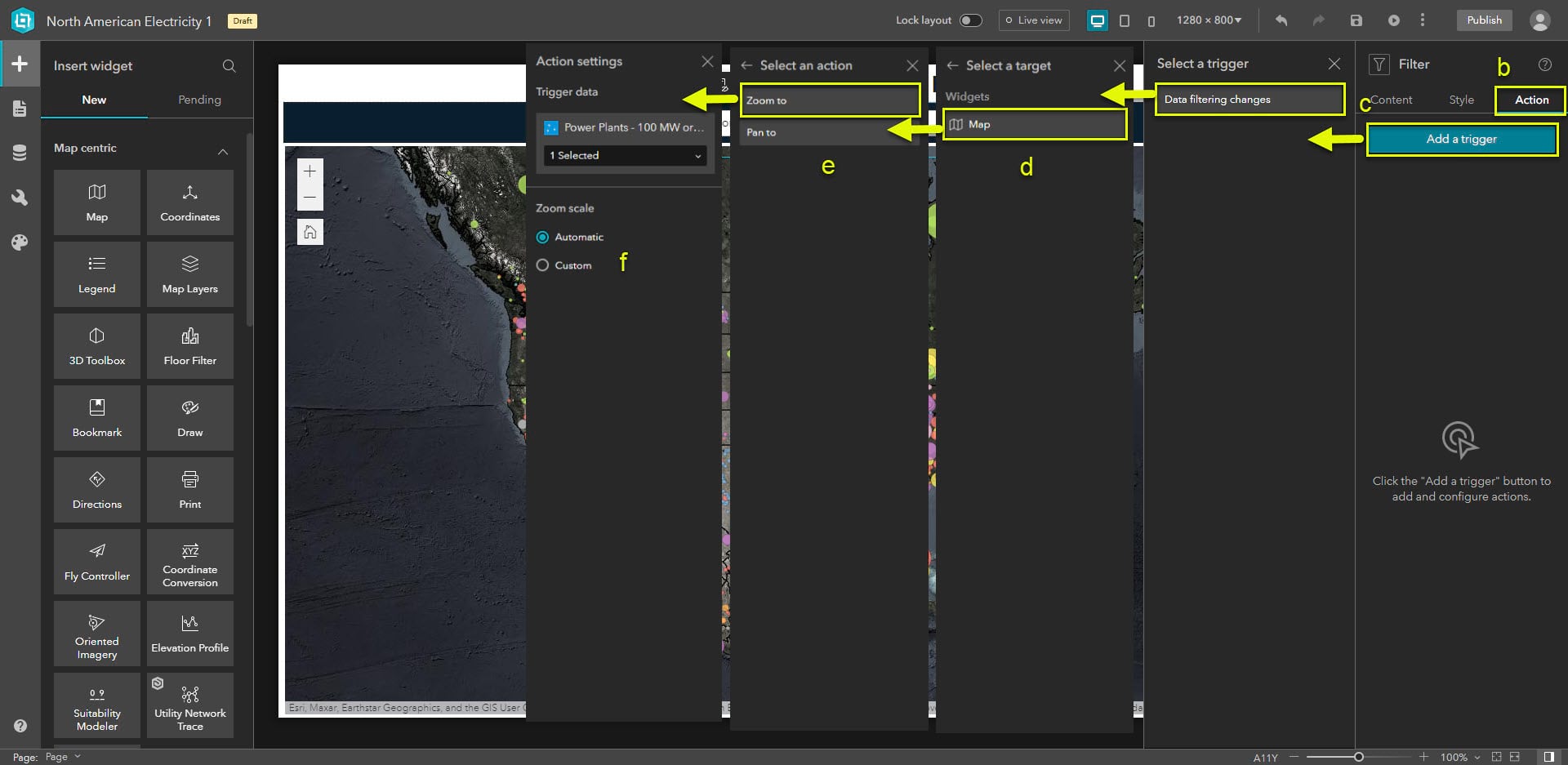 Screenshot with annotations for steps 1b through 1f