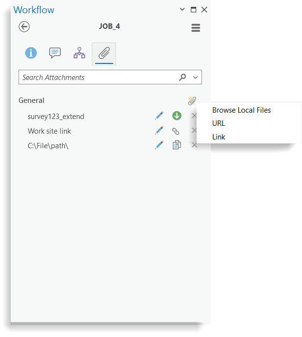 The attachments tab on the worklfow pane with three attachments listed The attachments tab on the worklfow pane with three attachments listed