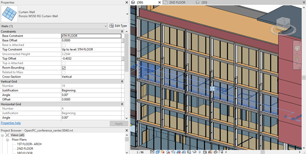A curtain wall selected in a Revit 3d view with the properties pane open showing the added properties