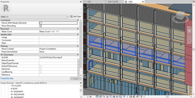 A curtain wall selected in a Revit 3d view with the properties pane open showing the missing properties. A curtain wall selected in a Revit 3d view with the properties pane open showing the missing properties.