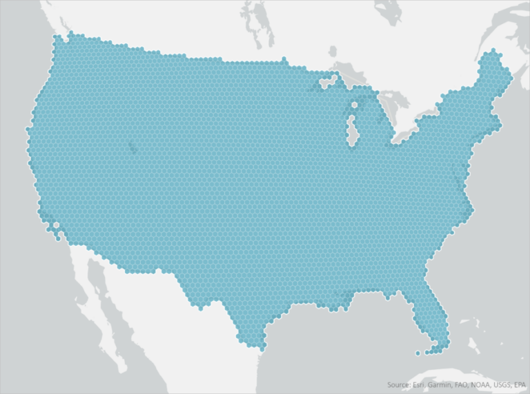 A grid of H3 Hexagons at resolution 4 over the lower 48 states