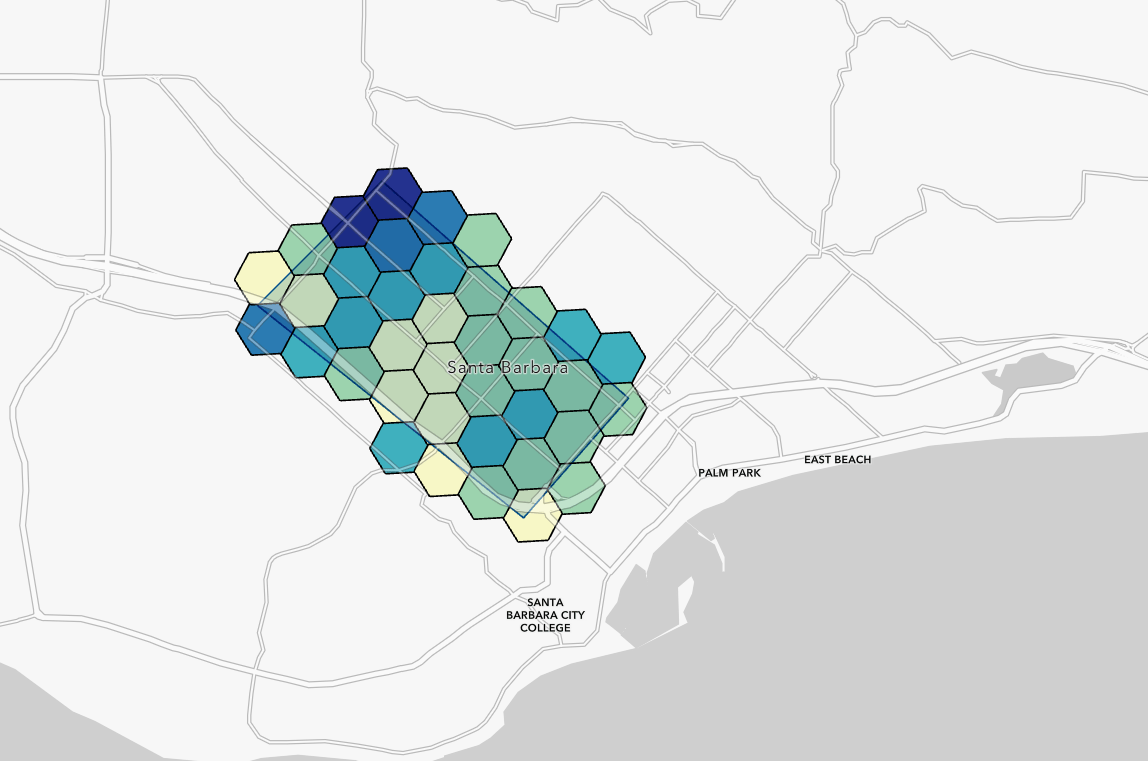 Hexagons mapped over Santa Barbara, California, in ArcGIS Pro Hexagons mapped over Santa Barbara, California, in ArcGIS Pro
