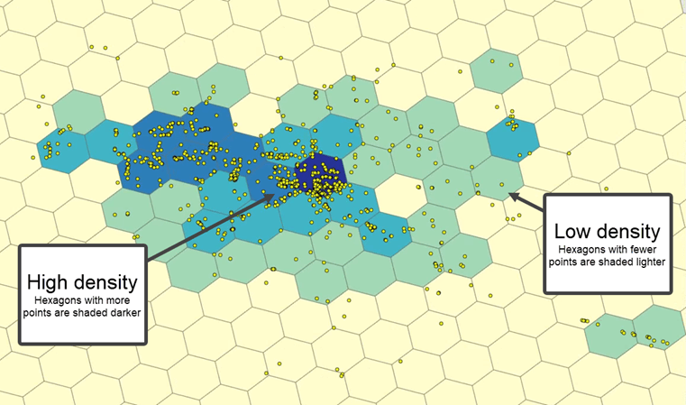 Map showing points aggregated to hexagons Map showing points aggregated to hexagons