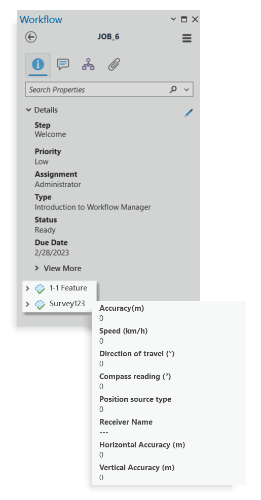 The properties tab with an expanded view of 1-1 featrue and Survery123 extended properties The properties tab with an expanded view of 1-1 featrue and Survery123 extended properties