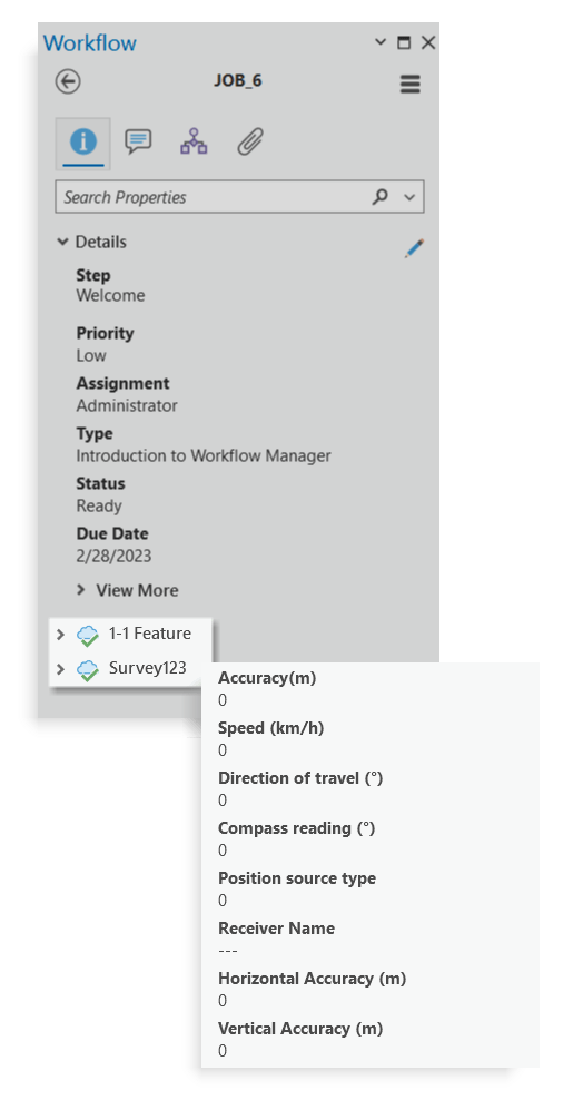 The properties tab with an expanded view of 1-1 featrue and Survery123 extended properties