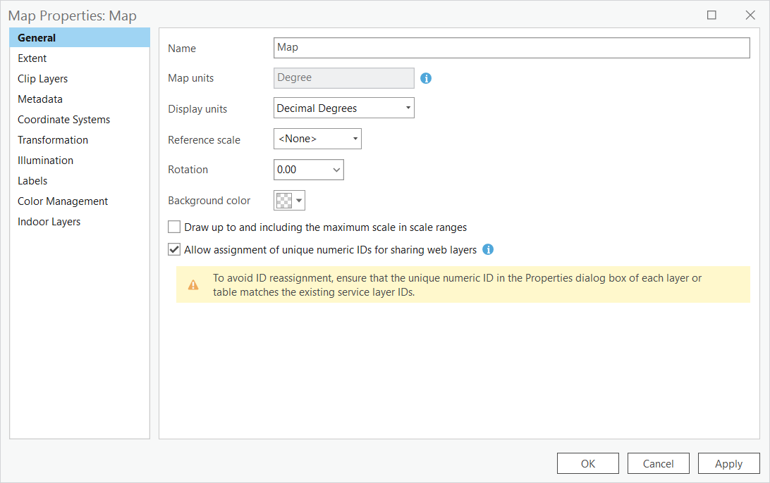 map properties dialogue box