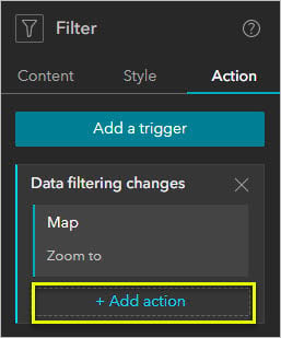 Screenshot of the Filter widget's Action settings