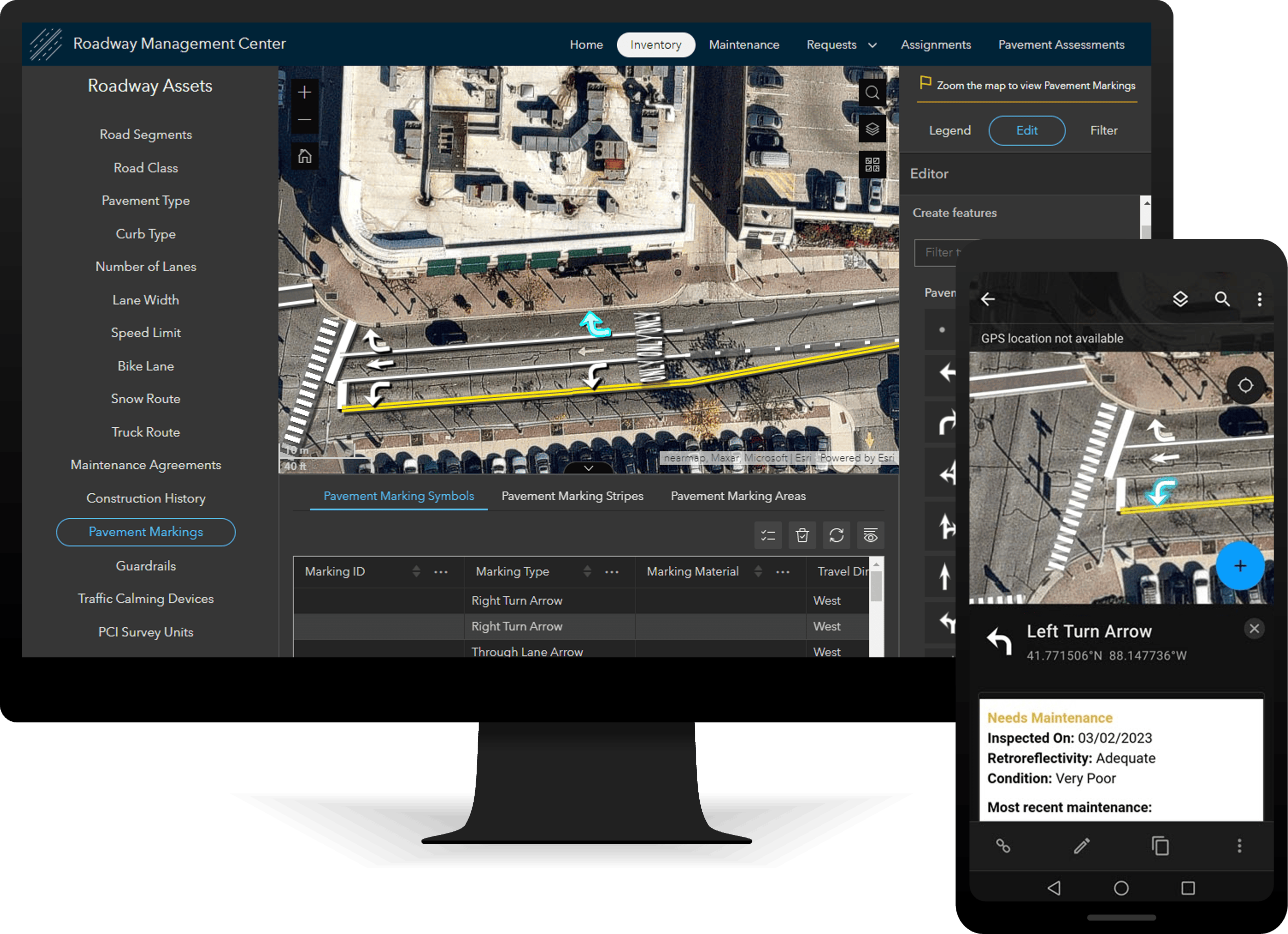 Image of the Roadway Management Center Experience Builder app on a computer screen and the Roadway Field Map on a phone screen