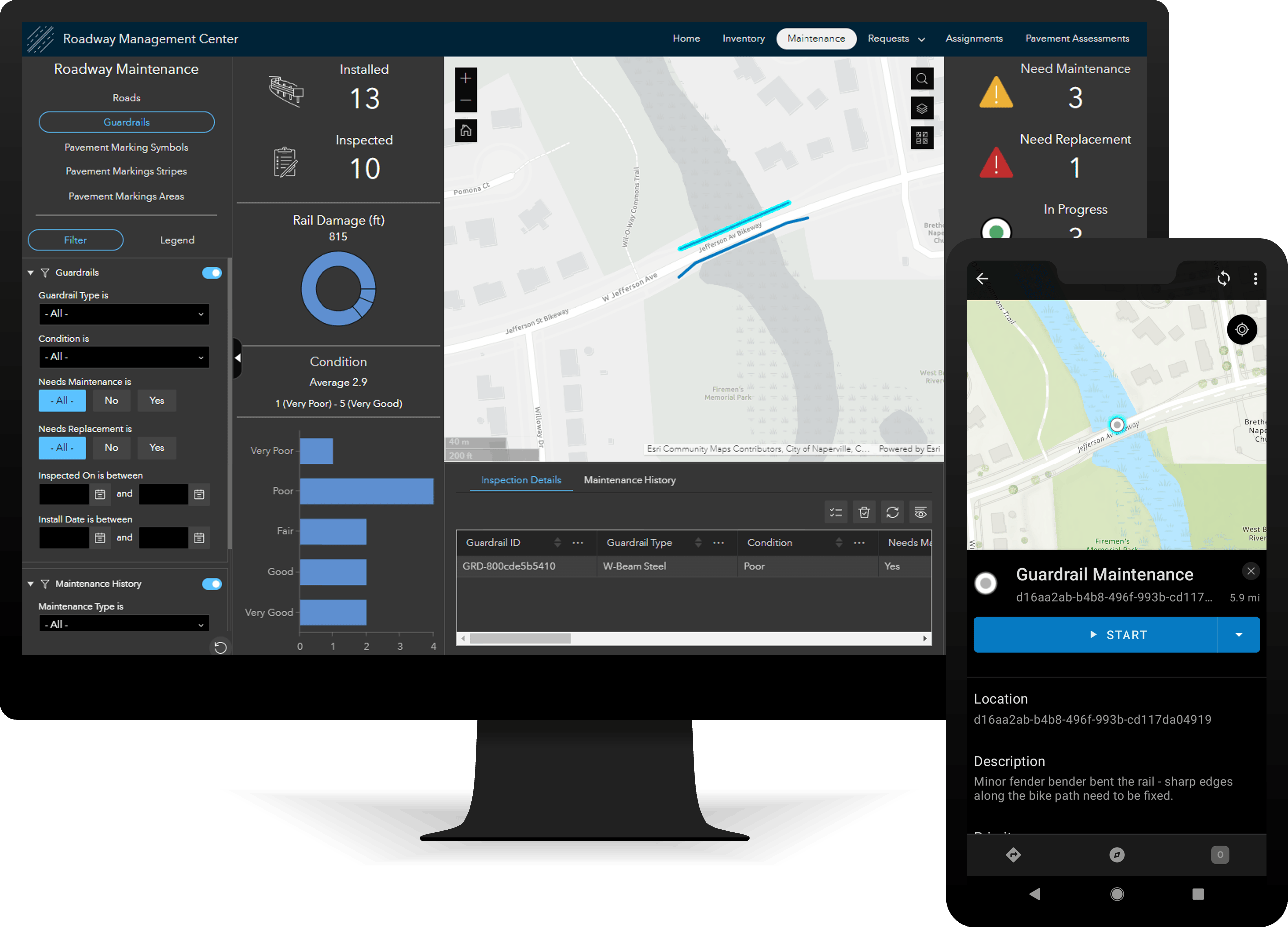 Image of Roadway Management Center on a computer screen and Road Assignments Workforce project on a phone screen