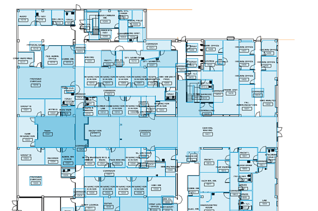 Incorrectly configured Revit rooms, visualized in blue in a 2d floorplan view