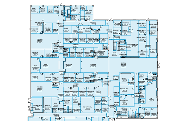 correctly configured Revit rooms, visualized in blue in a 2d floorplan view