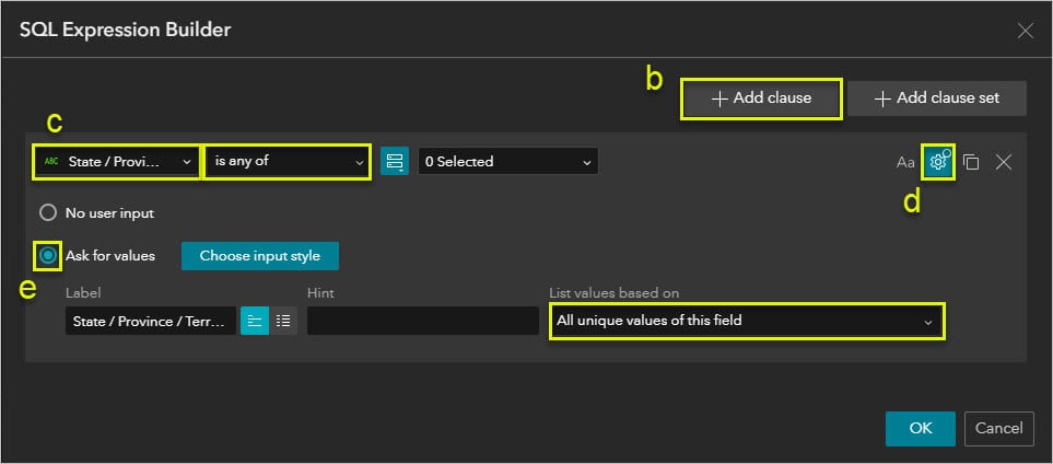 Screenshot with annotations for steps 3b through 3e