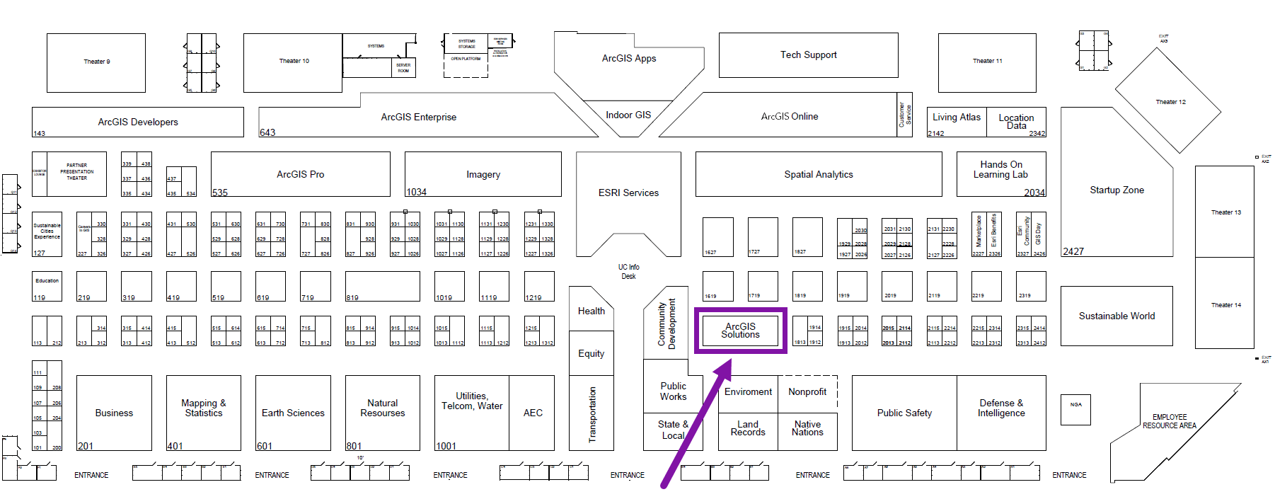 Map of Expo with the ArcGIS Solutions area outlined with a purple rectangle.
