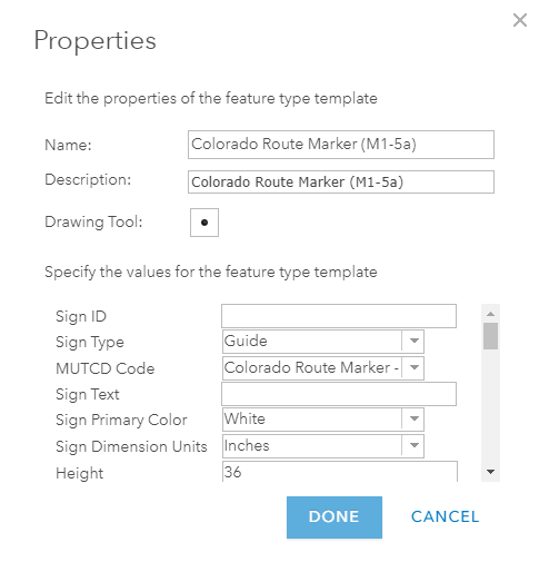 Setting attribute properties for new sign feature template