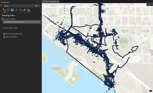 Results of the Classify Movement Events tool with point features selected on a map