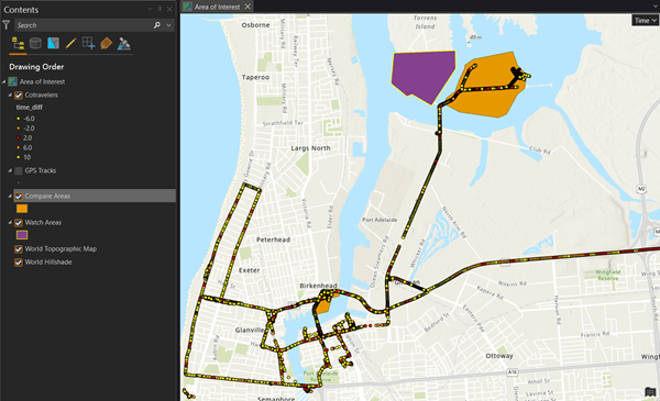 Results of the Compare Areas tool on a map