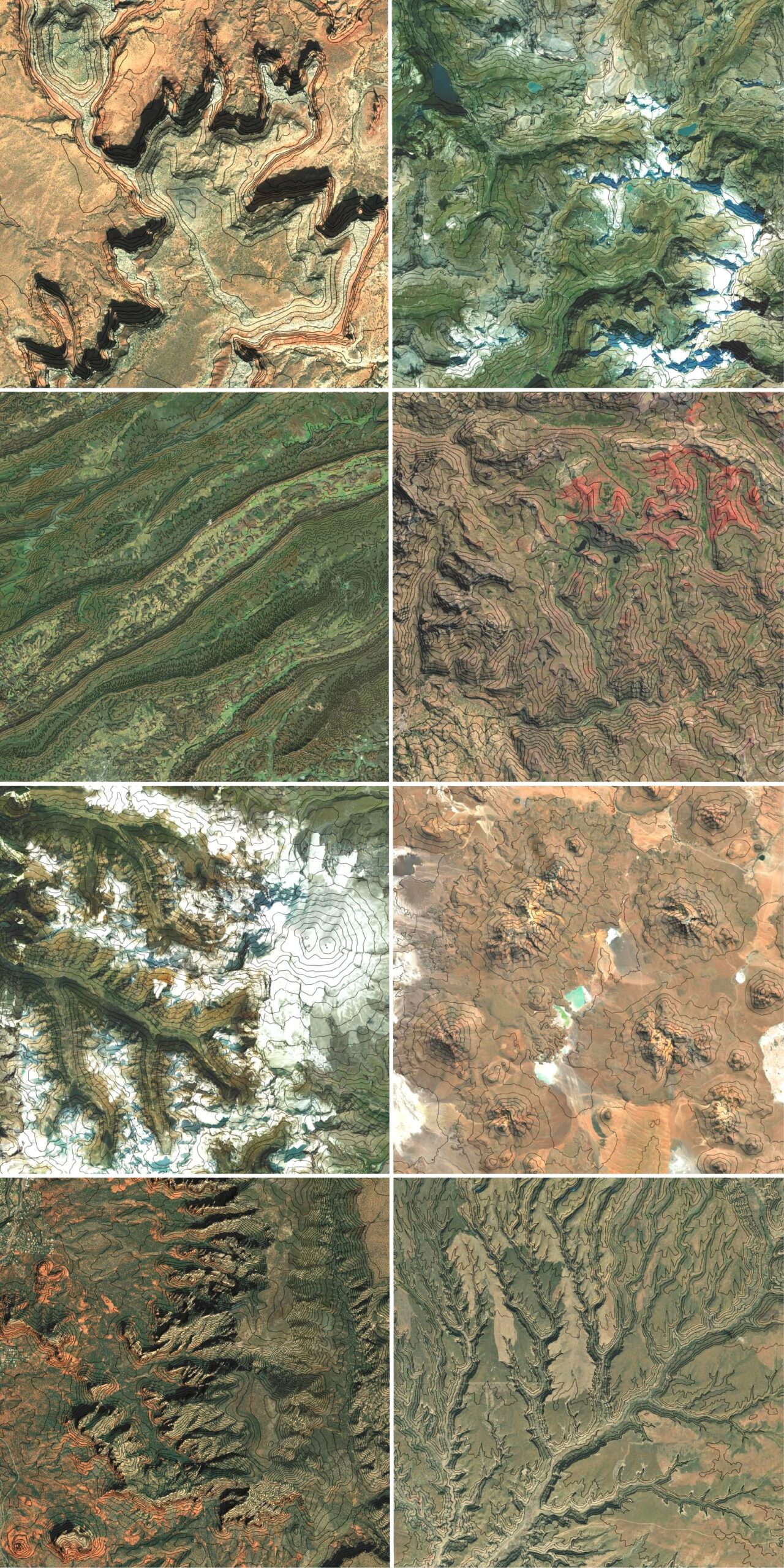 Eight maps showing before and after images of World Imagery with Global Contours.