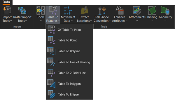 Table To Features drop-down menu in the Tools group on the Data tab Table To Features drop-down menu in the Tools group on the Data tab