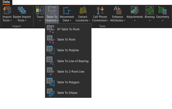 Table To Features drop-down menu in the Tools group on the Data tab