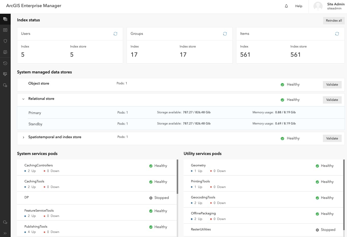 The ArcGIS Enterprise Manager user interface