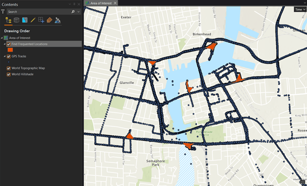 Results of the Find Frequented Locations tool on a map