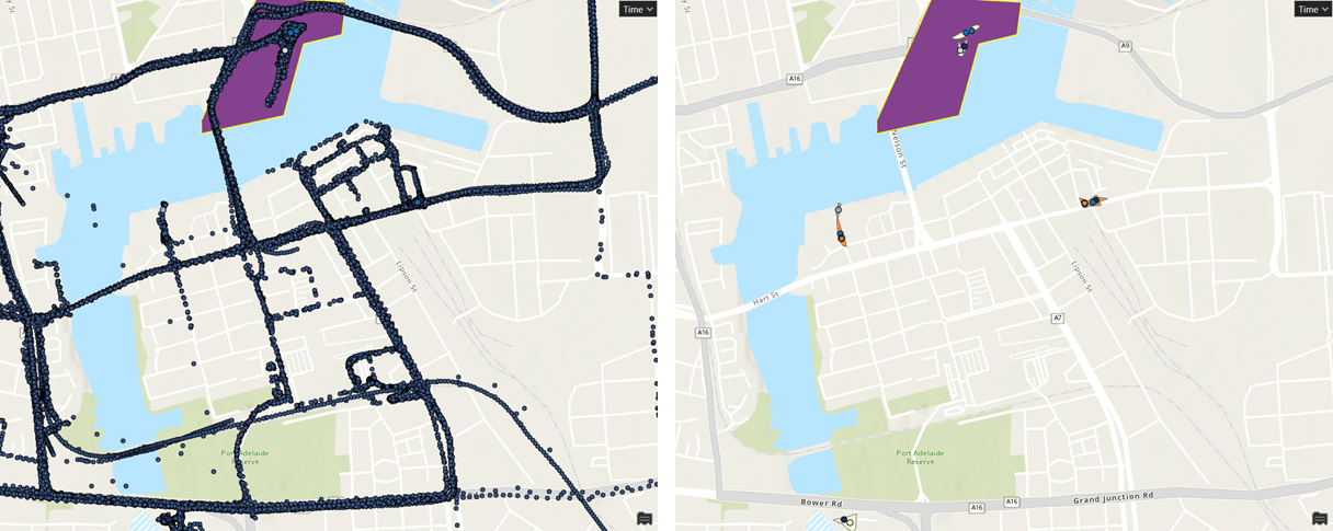 Before and after running the Find Meeting Locations tool on a map