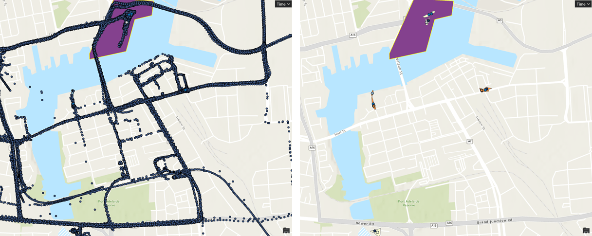 Before and after running the Find Meeting Locations tool on a map Before and after running the Find Meeting Locations tool on a map