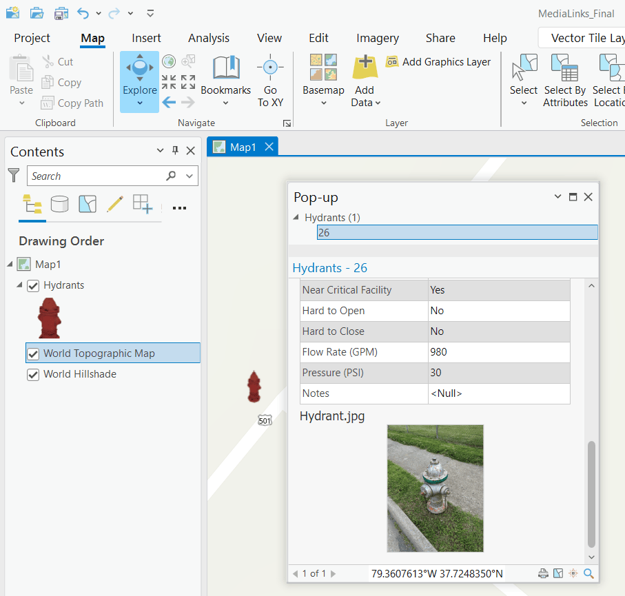 Hydrant attributes and attachment image in popup window.