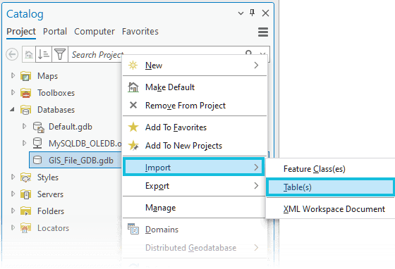 Import tables into a geodatabase from the Catalog pane in ArcGIS Pro